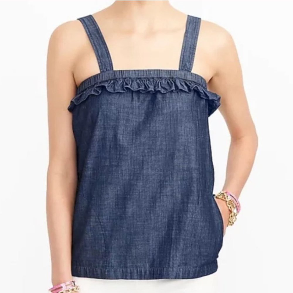J Crew Chambray Denim Ruffle Tank With Pockets and Adjustable Straps